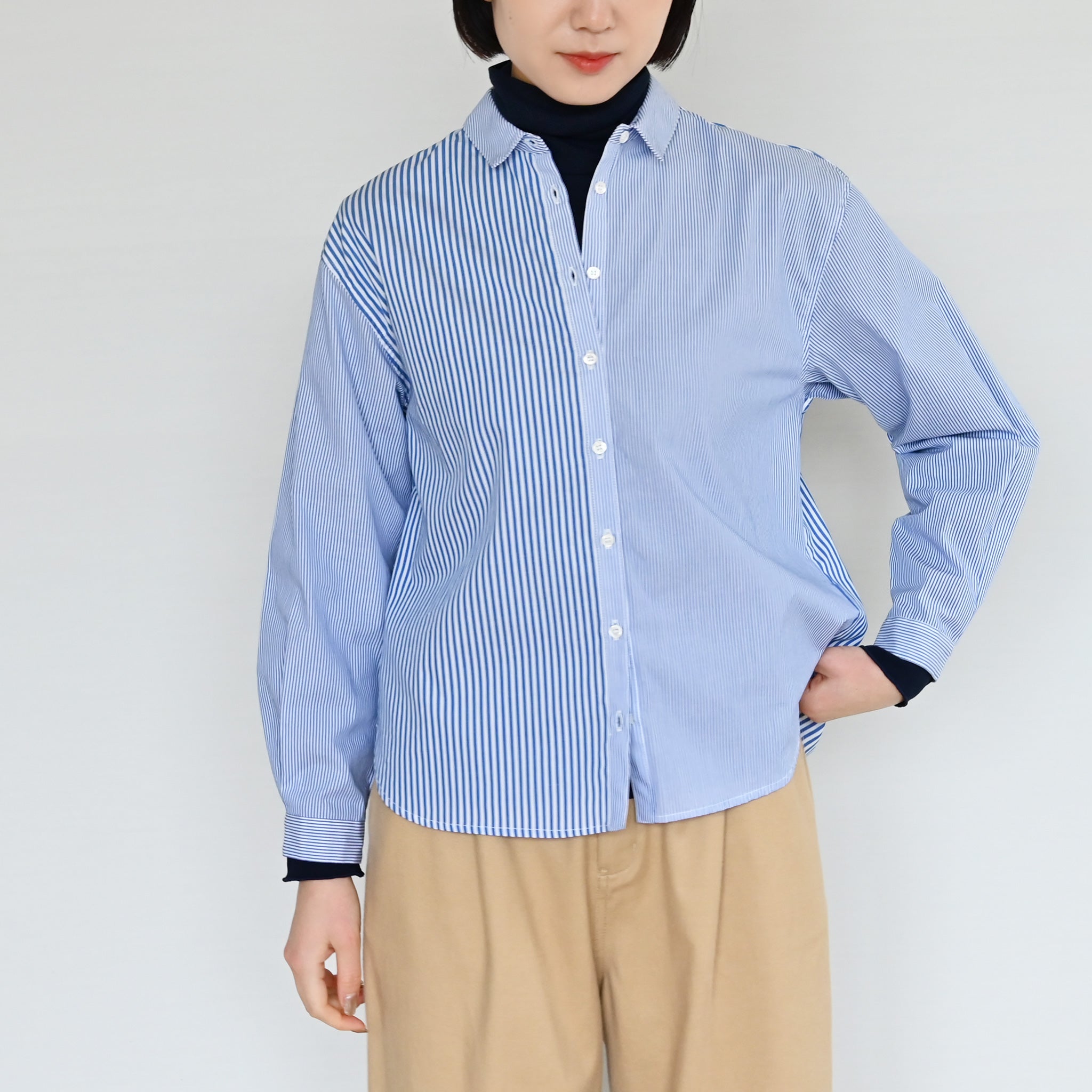 ミックスブロードストライプブラウス 長袖