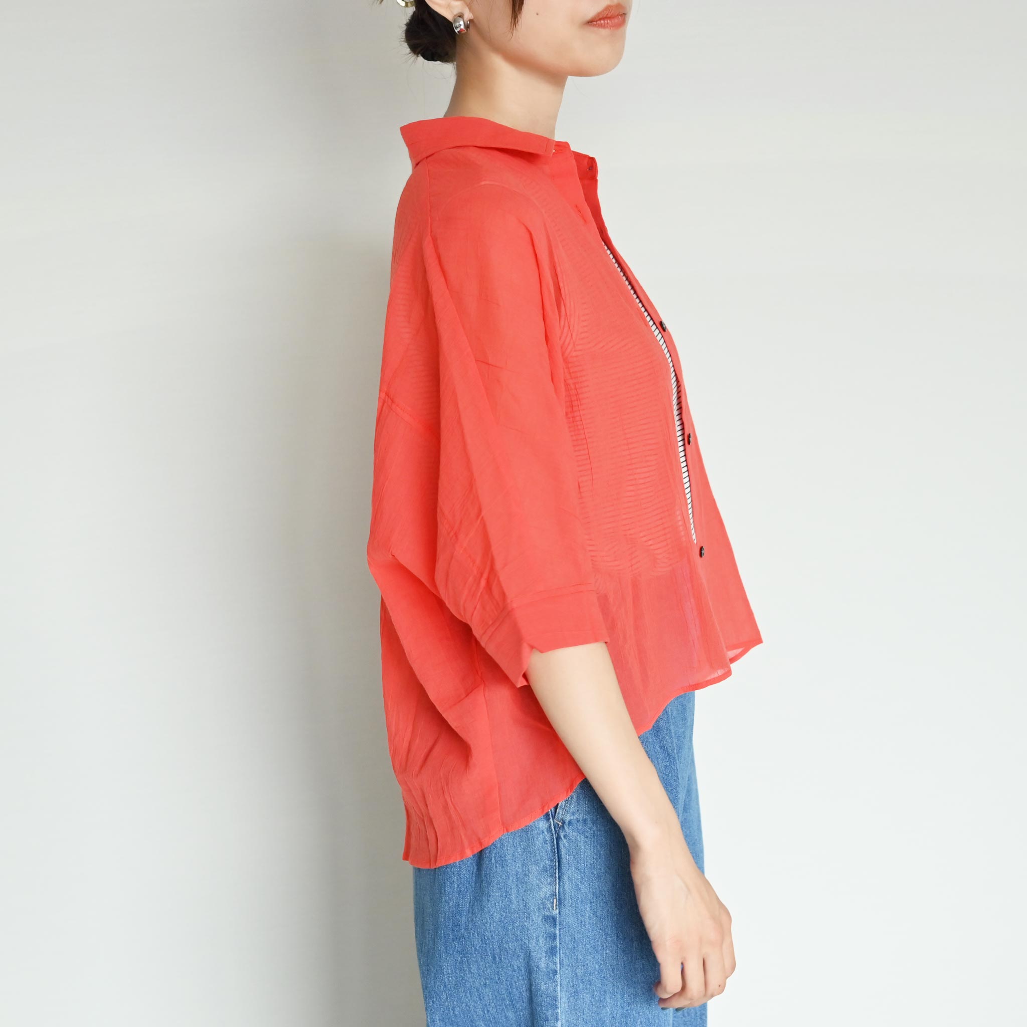 コットンボイルブラウス 5分袖 シアー