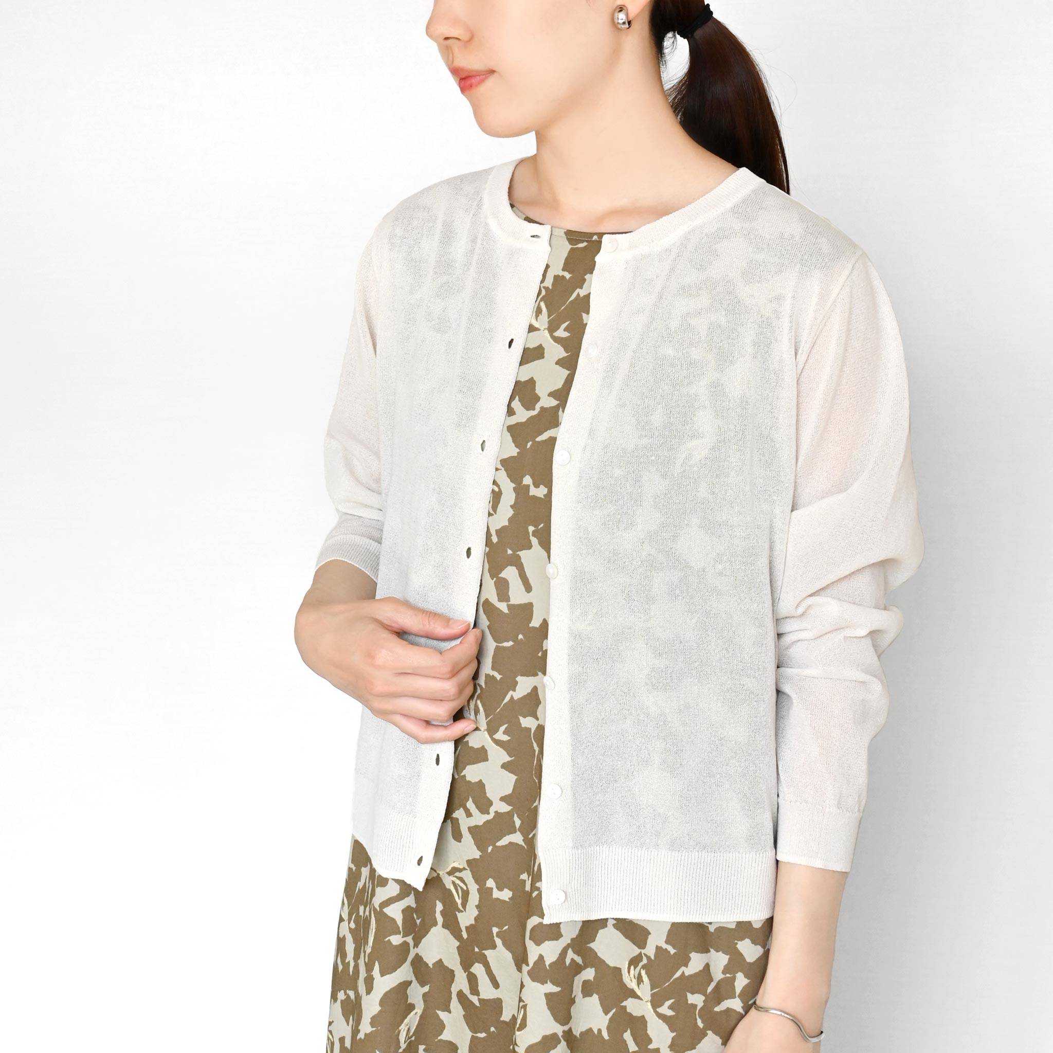 ペーパーヤーンクルーネックカーディガン 長袖