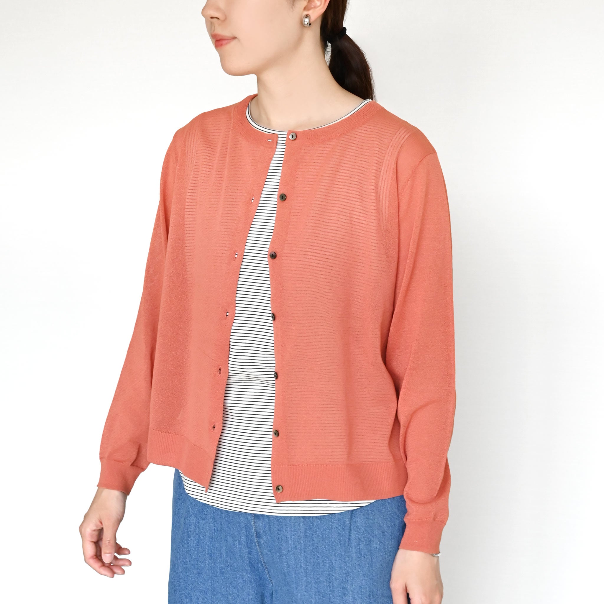 ペーパーヤーンクルーネックカーディガン 長袖