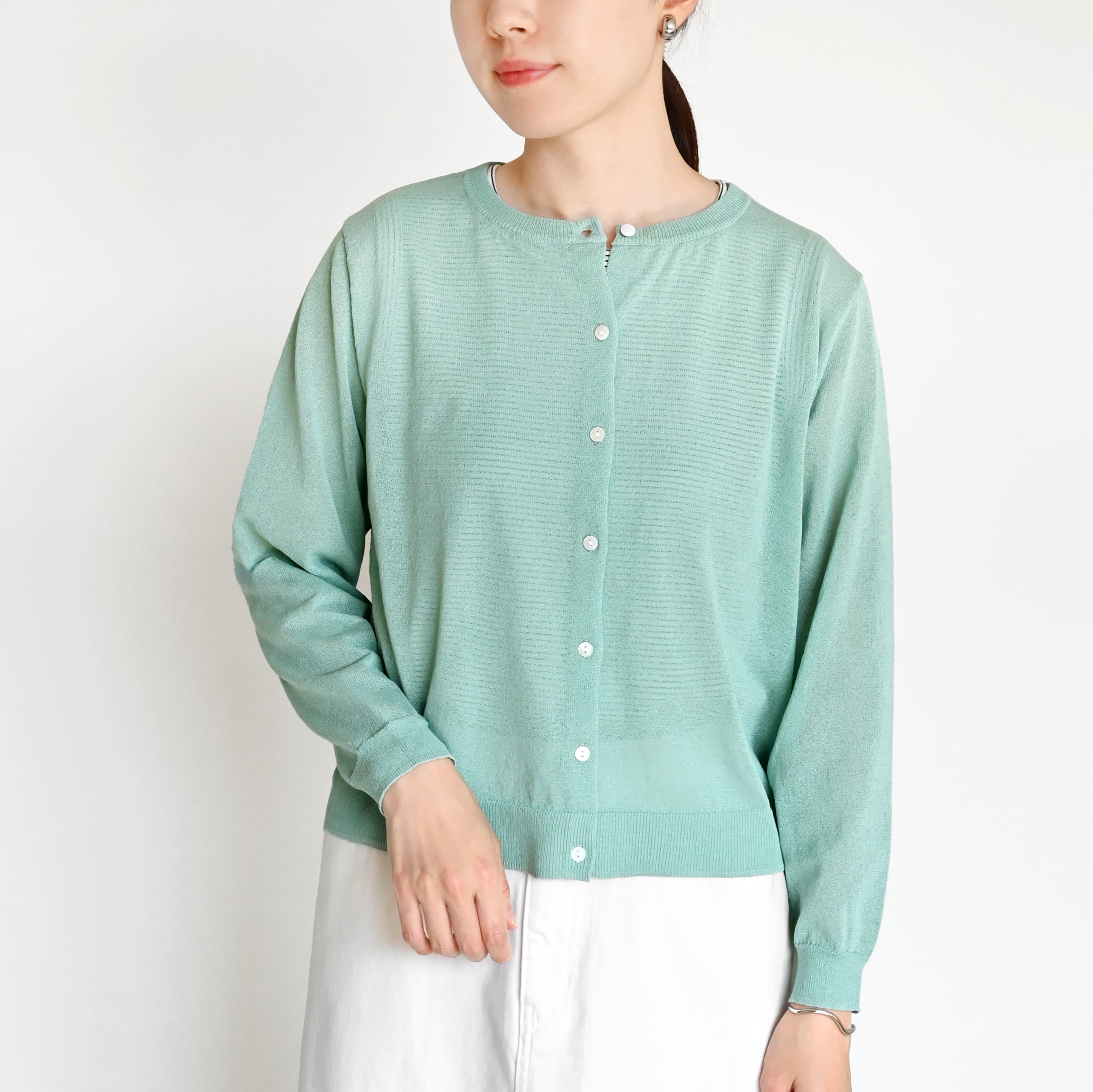 ペーパーヤーンクルーネックカーディガン 長袖