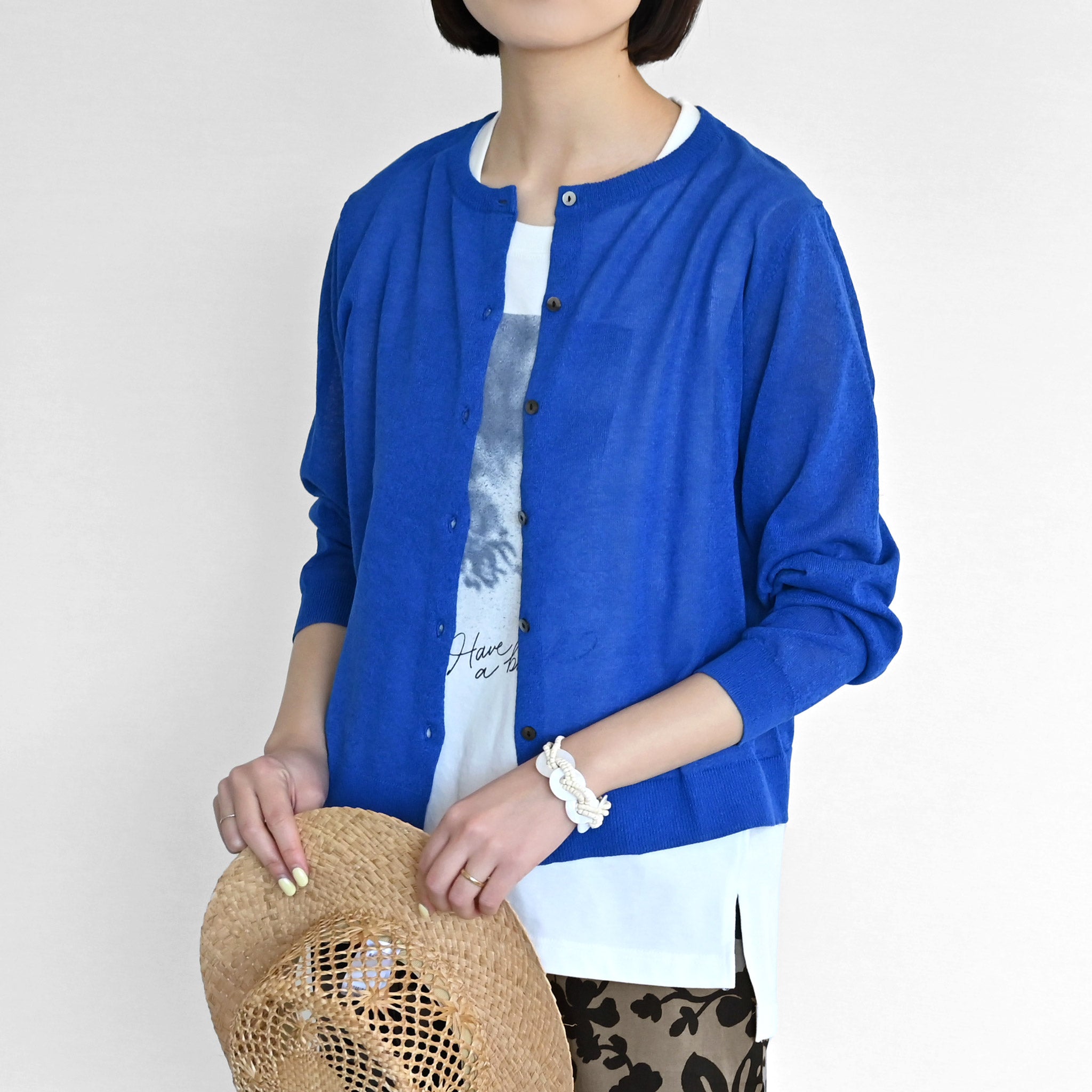 ペーパーヤーンクルーネックカーディガン 長袖