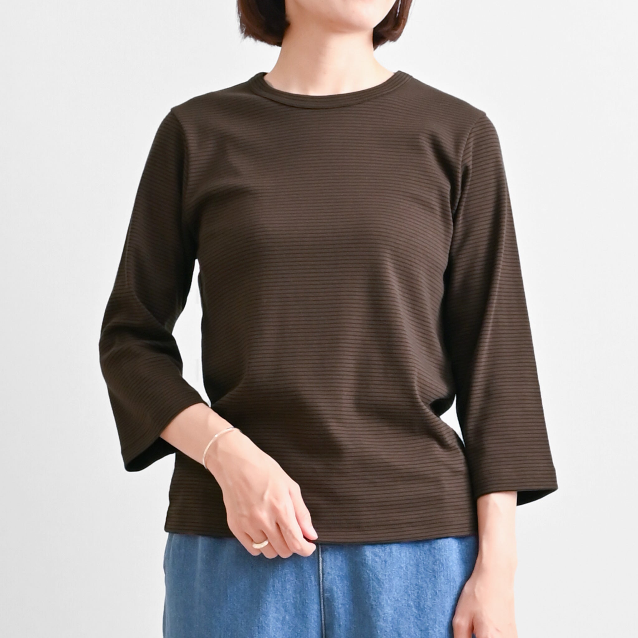 フライスコットンボーダーTシャツ 7分袖