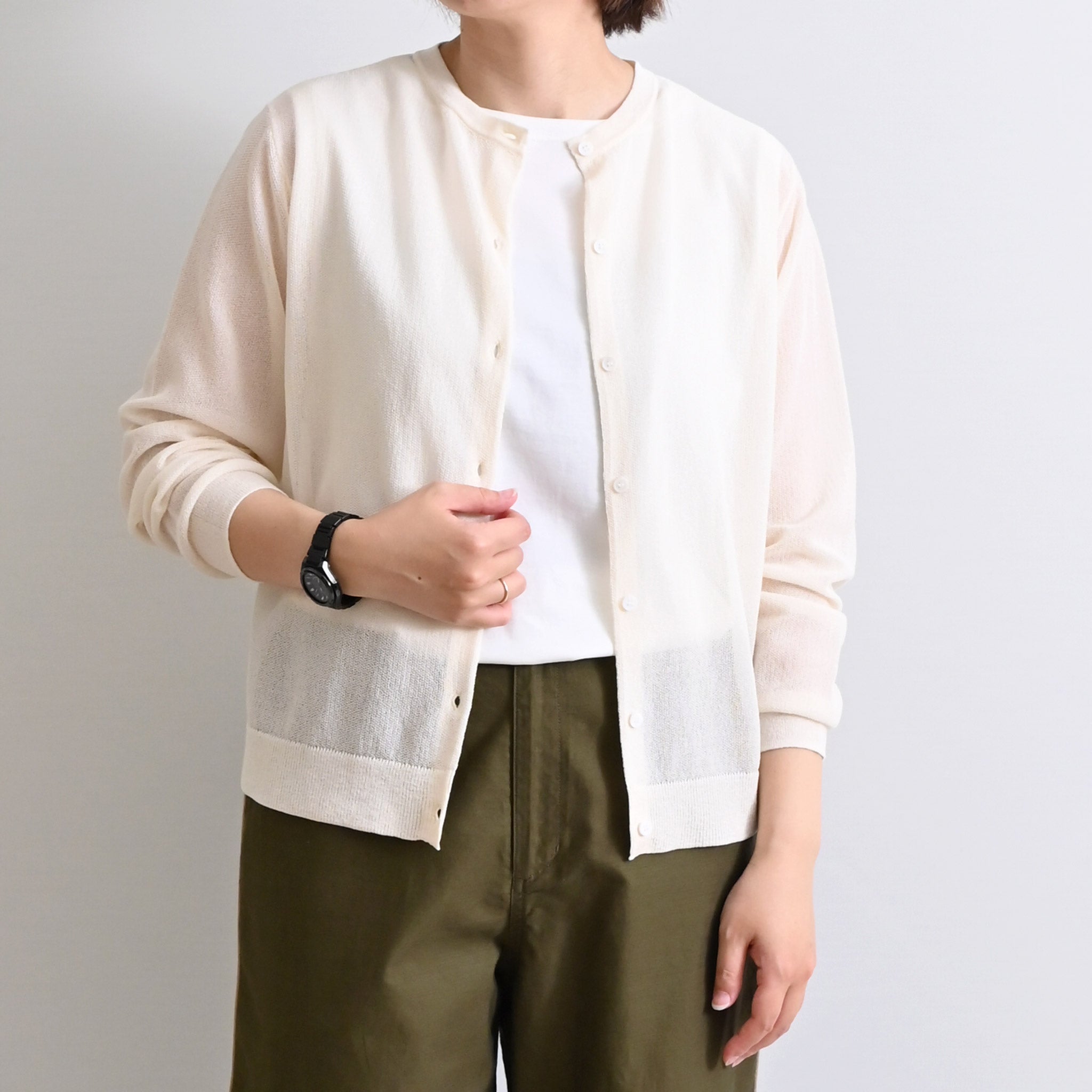 ペーパーヤーンクルーネックカーディガン 長袖